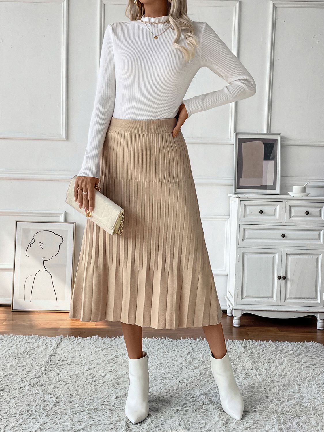 Perfee Pleated Midi Sweater Skirt