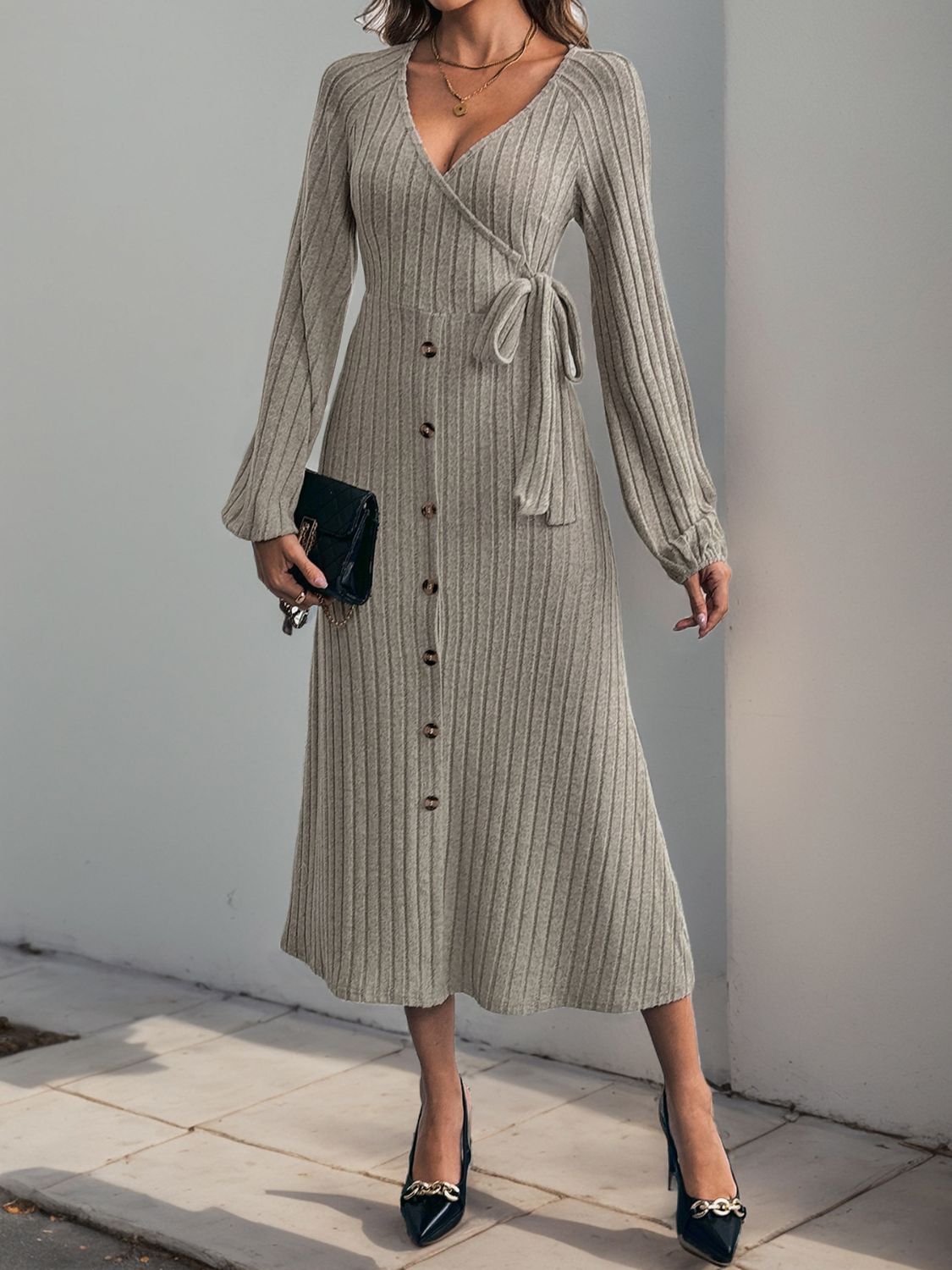 Perfee Ribbed Tied Surplice Long Sleeve Dress