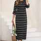 Slit Striped Round Neck Midi Dress