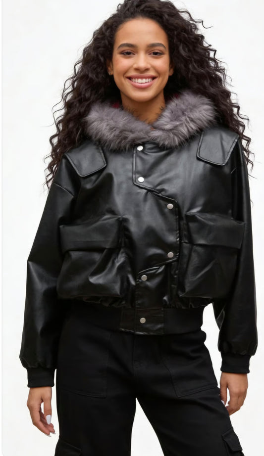 Leather Bomber Jacket with Faux Fur Hood