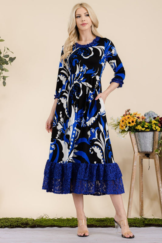 Celeste Full Size Paisley Print Lace Ruffled Midi Dress