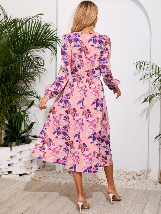 Printed Surplice Long Sleeve Midi Dress