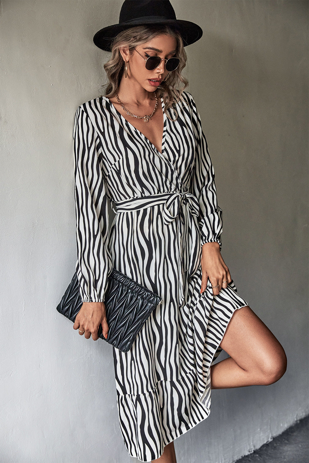 Zebra Animal Print Belted Midi Dress