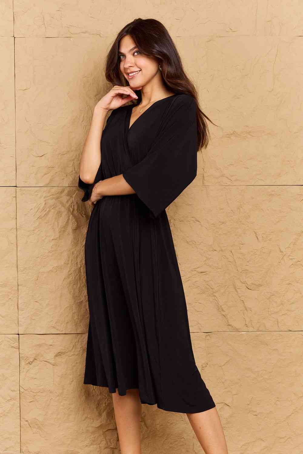 OneTheLand Make Your Move Solid Surplice Midi Dress