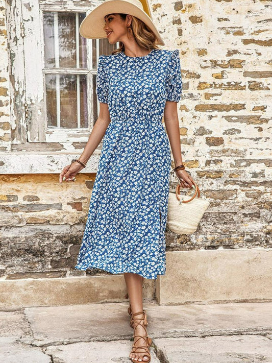 Floral Round Neck Split Midi Dress