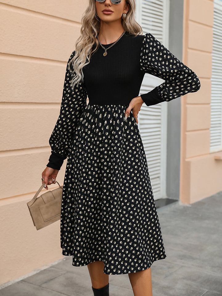 Printed Round Neck Long Sleeve Dress