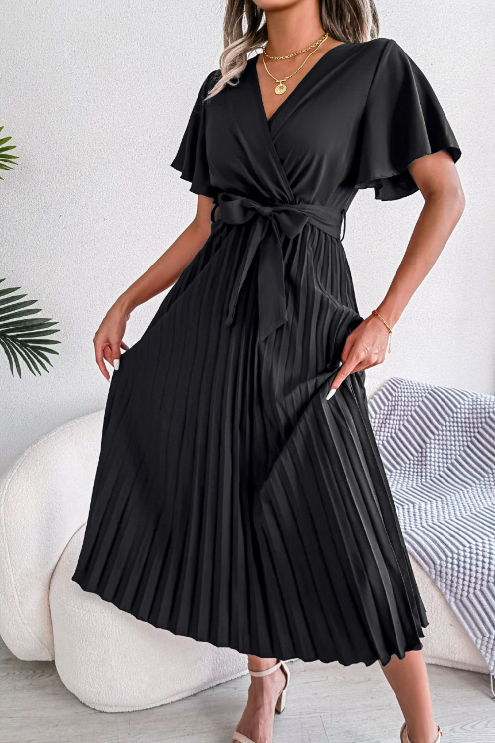 Pleated Flutter Sleeve Belted Dress Soixind Pleated Flutter Sleeve Belted Dress Soixind