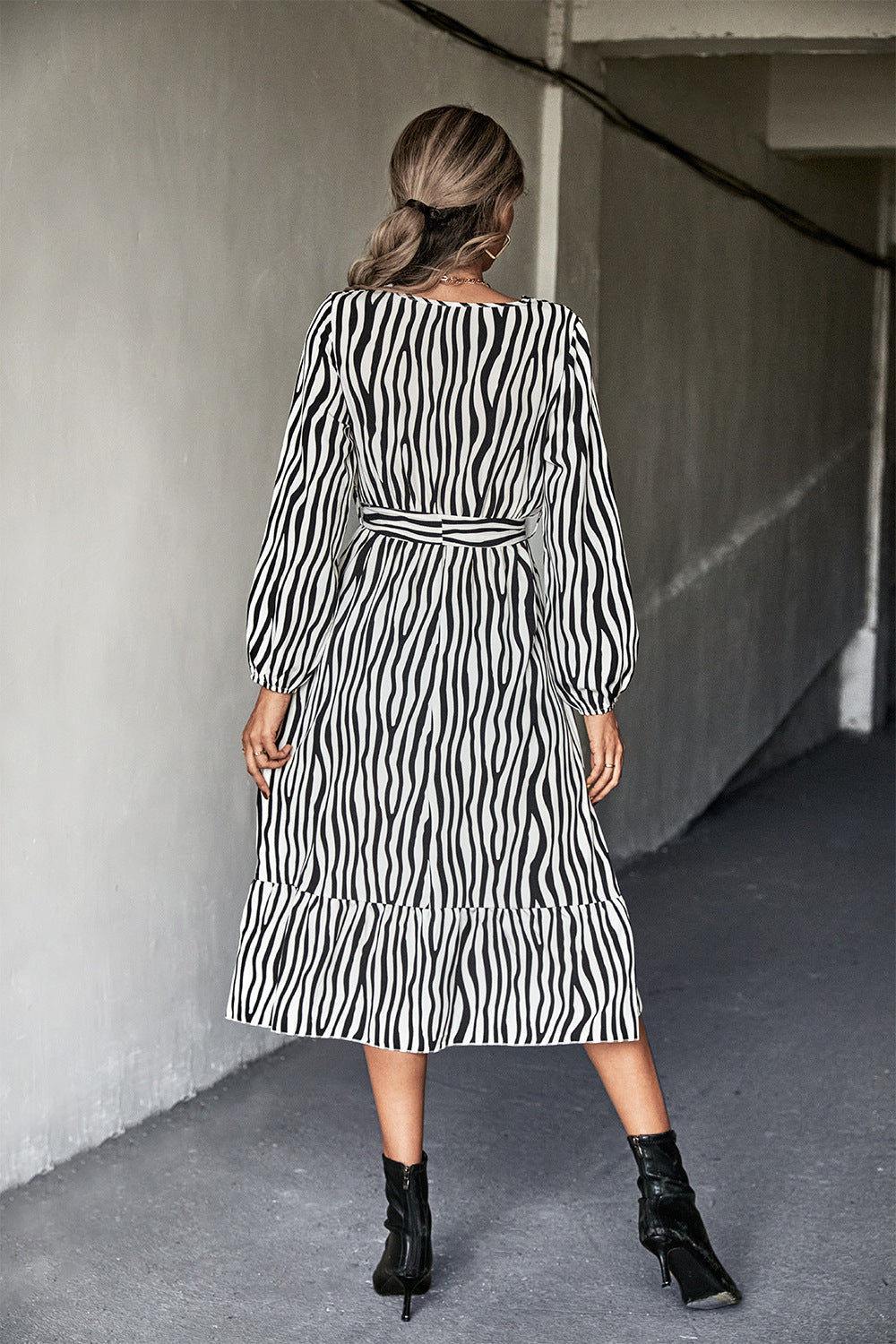 Zebra Animal Print Belted Midi Dress