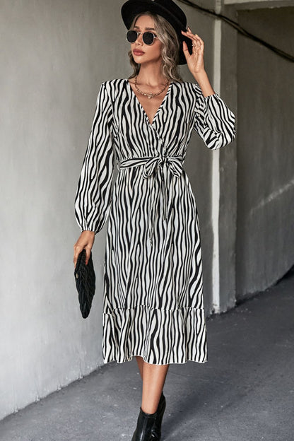 Zebra Animal Print Belted Midi Dress