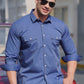New Plus Size Men's Stretch Denim Long Sleeve Multi Pocket Shirt
